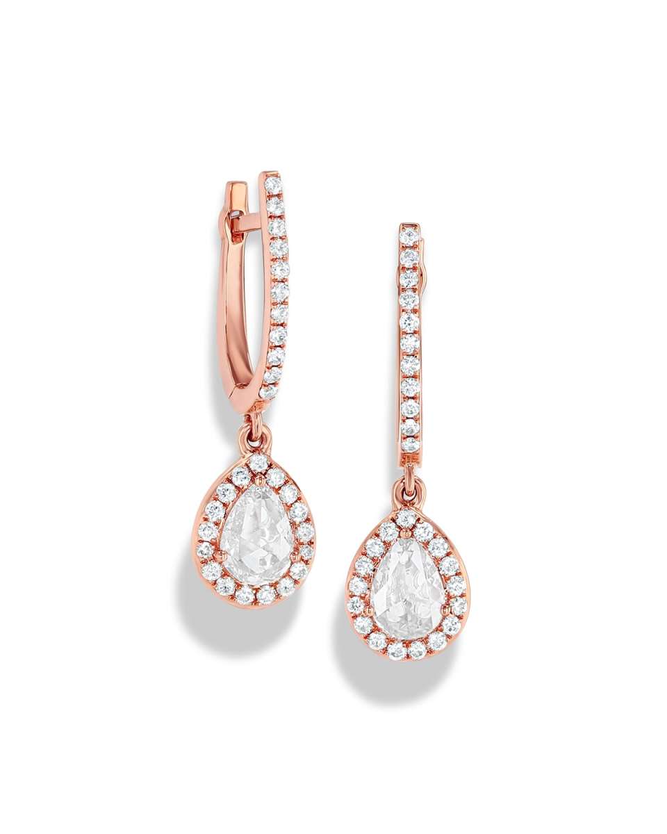 18k Rose Gold Pear Diamond-Drop Huggie Earrings, 0.72tcw